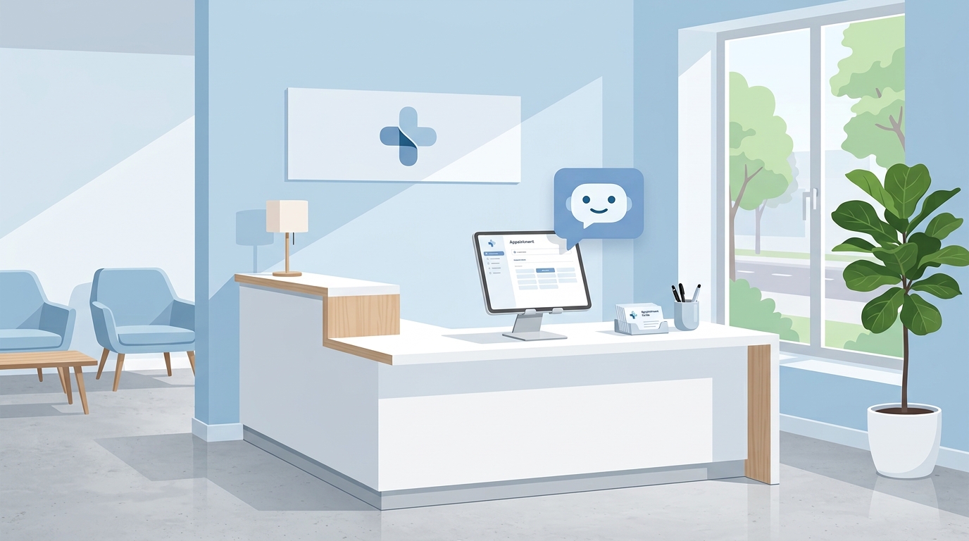 GuidedBot Chat-Widget an der Rezeption einer Arztpraxis